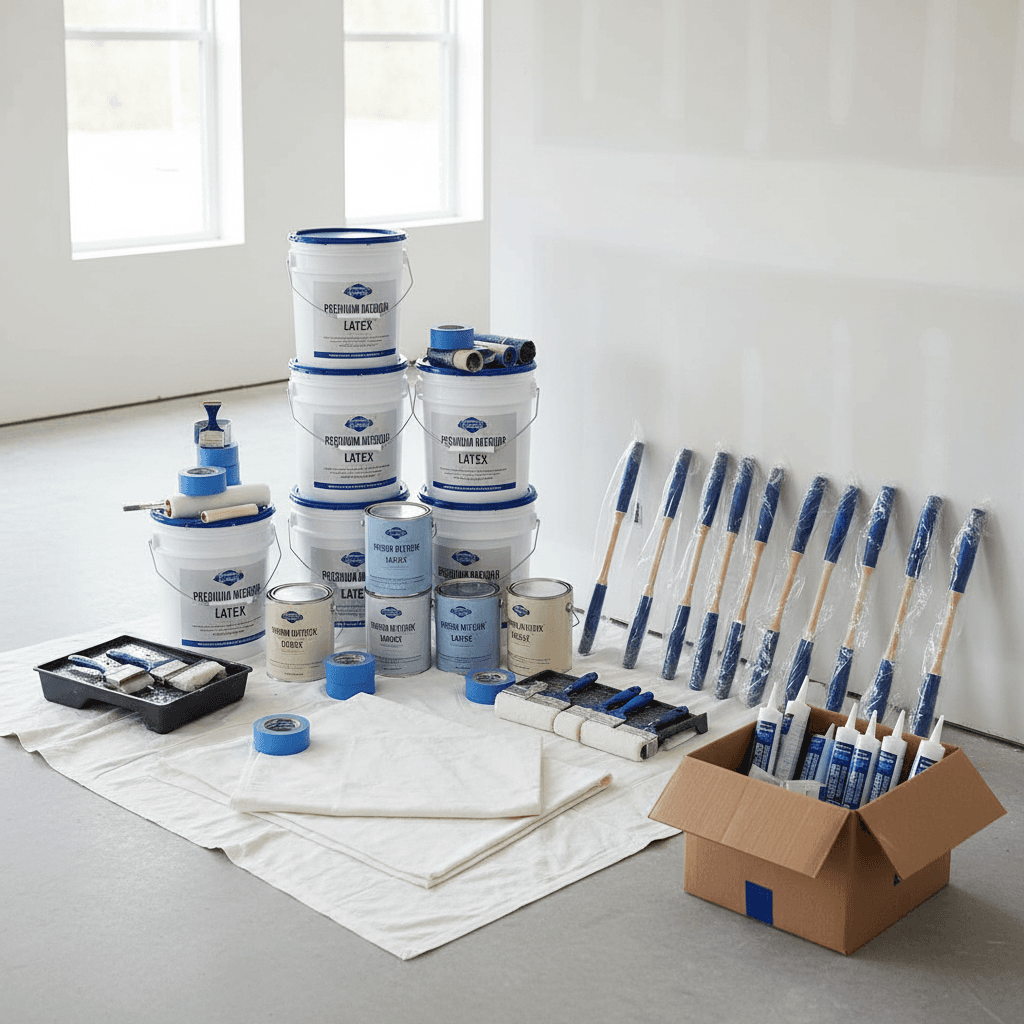 Paint cans and supplies at a job site