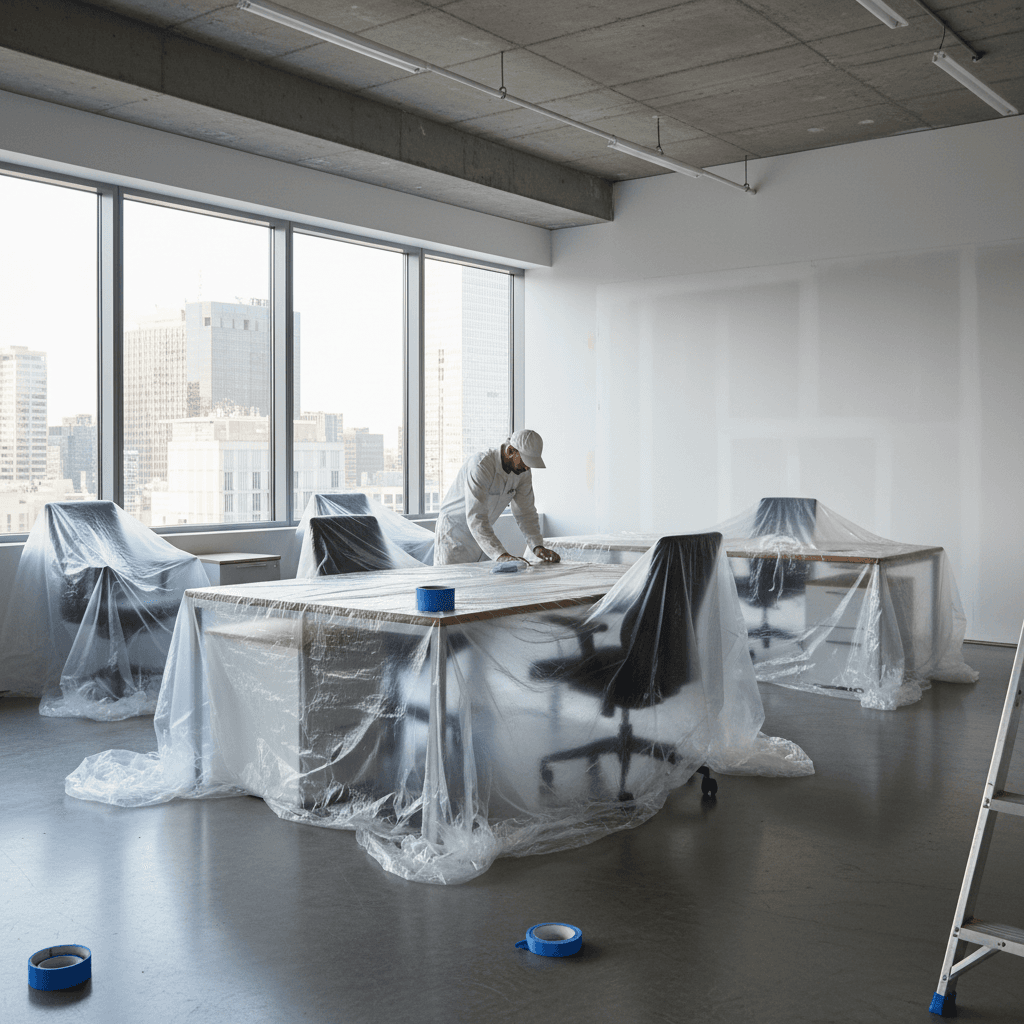 Painter in a commercial office covering furniture with plastic sheeting and drop cloths before painting
