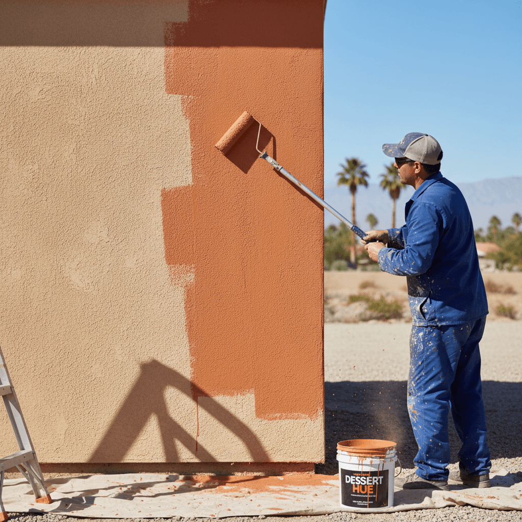 Painter applying white exterior paint to a stucco wall with a roller