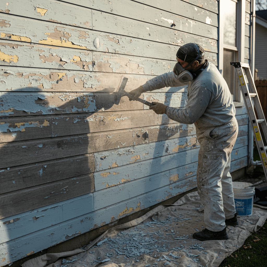 Painter scraping old, peeling paint from exterior siding