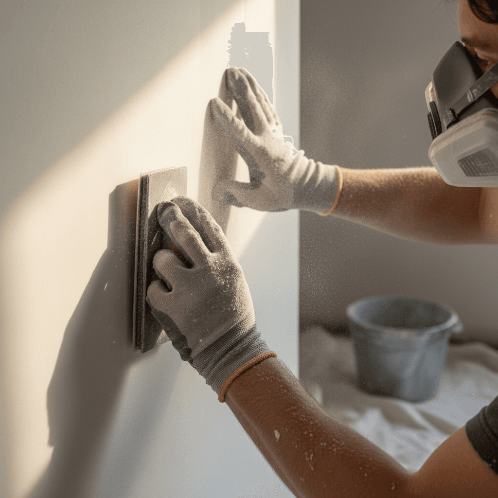Painter sanding an interior wall smooth before painting