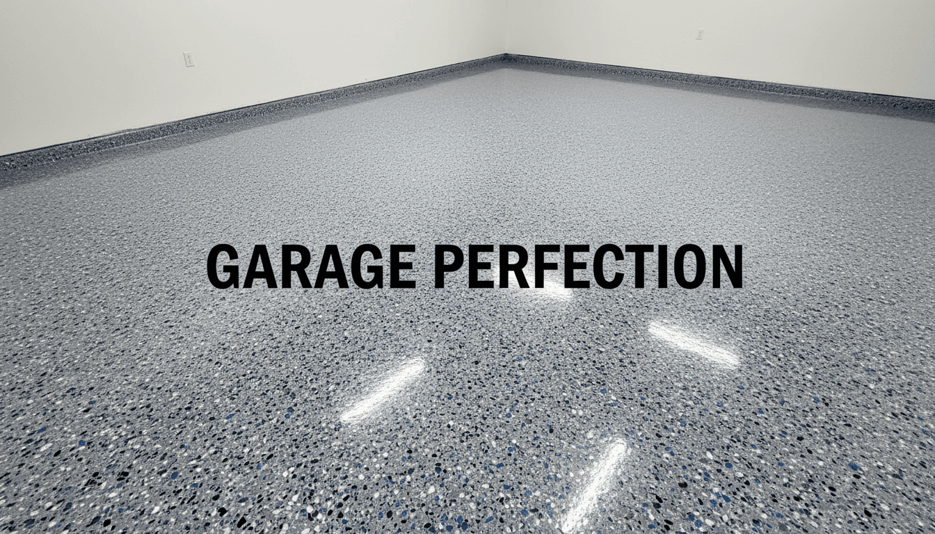 Finished garage epoxy floor with decorative color chips in a clean garage