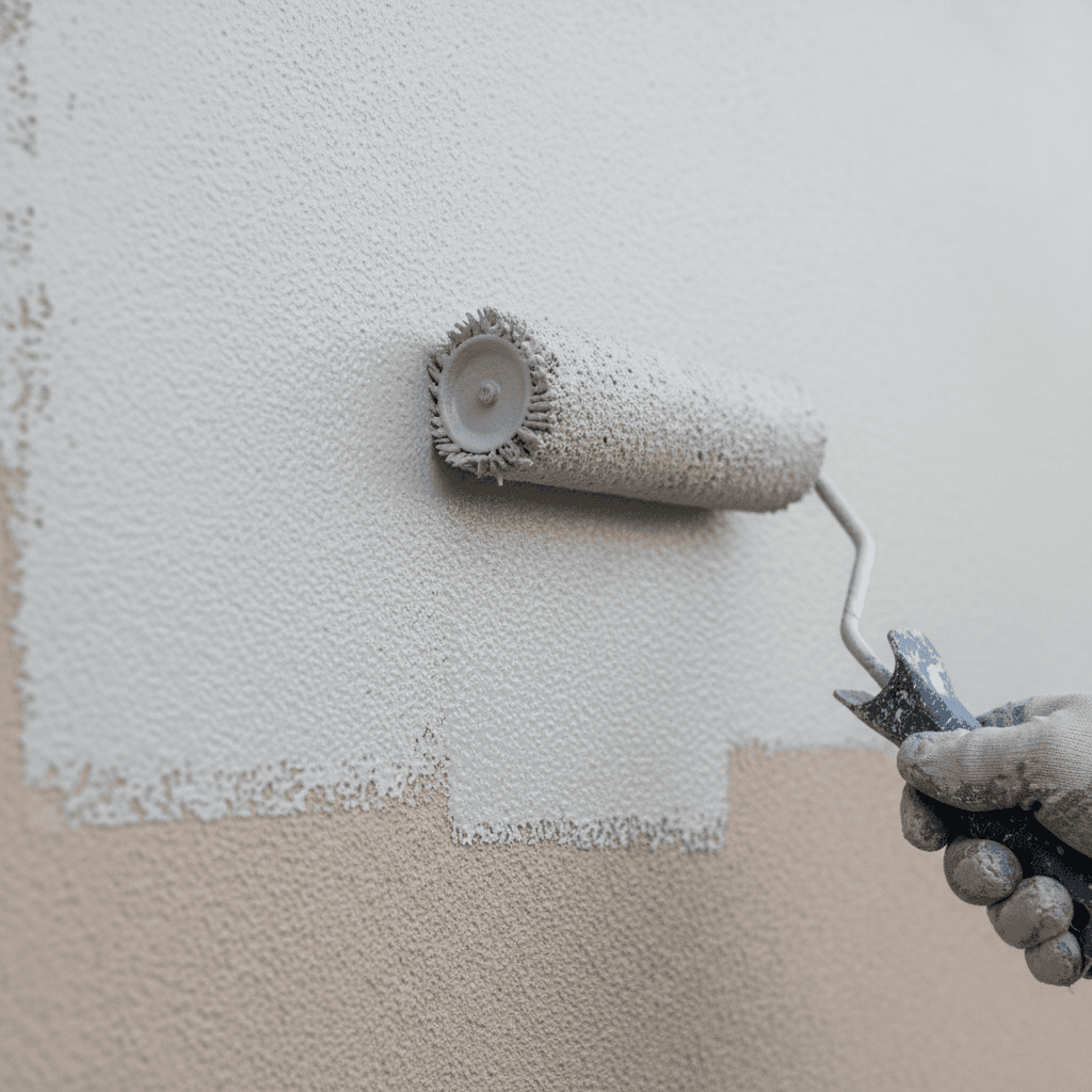 Close-up of paint roller applying an even coat to a house exterior