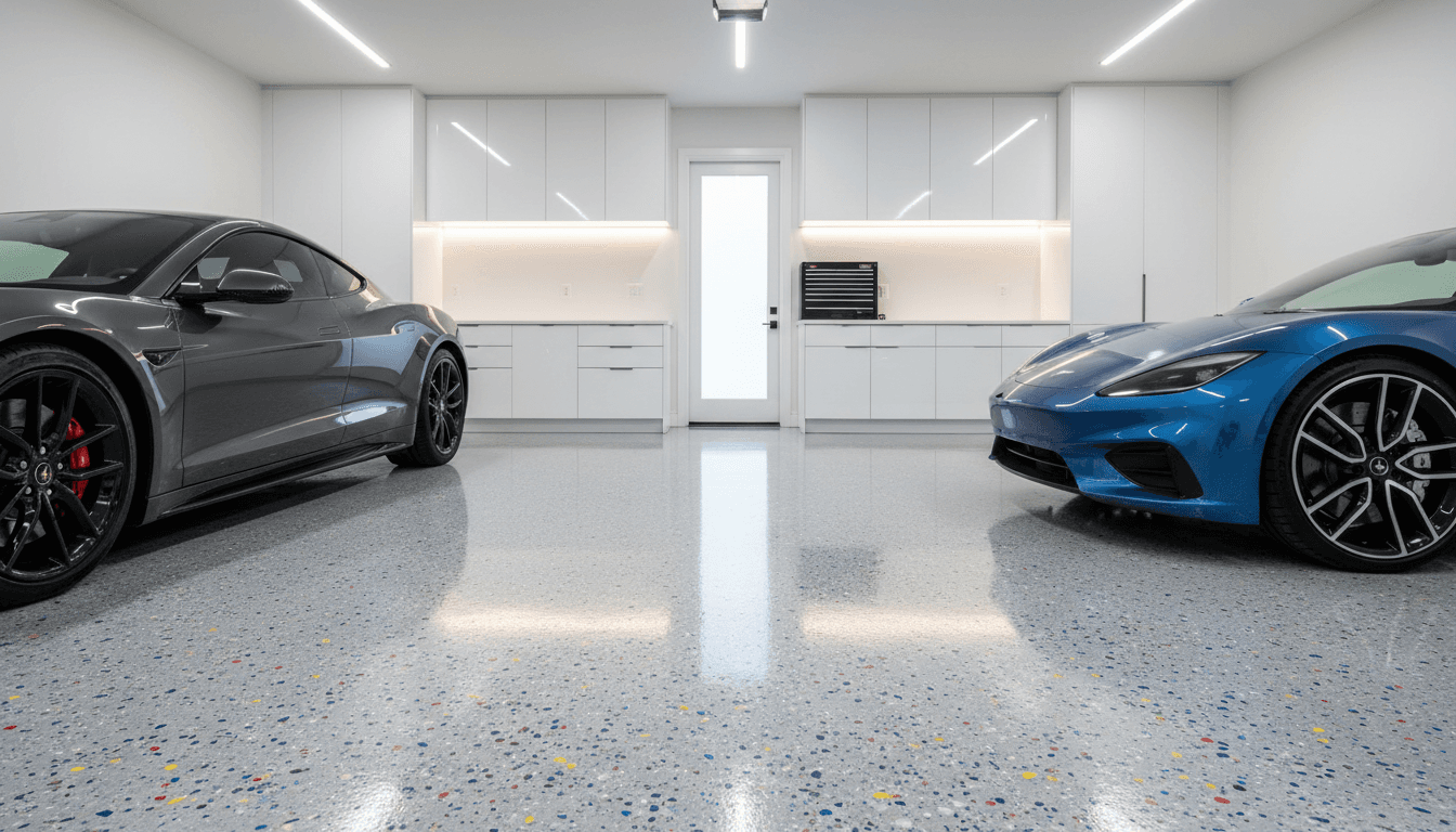 Glossy gray epoxy garage floor with decorative color flakes in a modern home garage