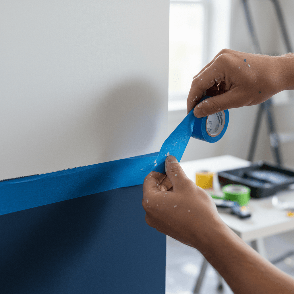 Painter removing tape from a freshly painted wall