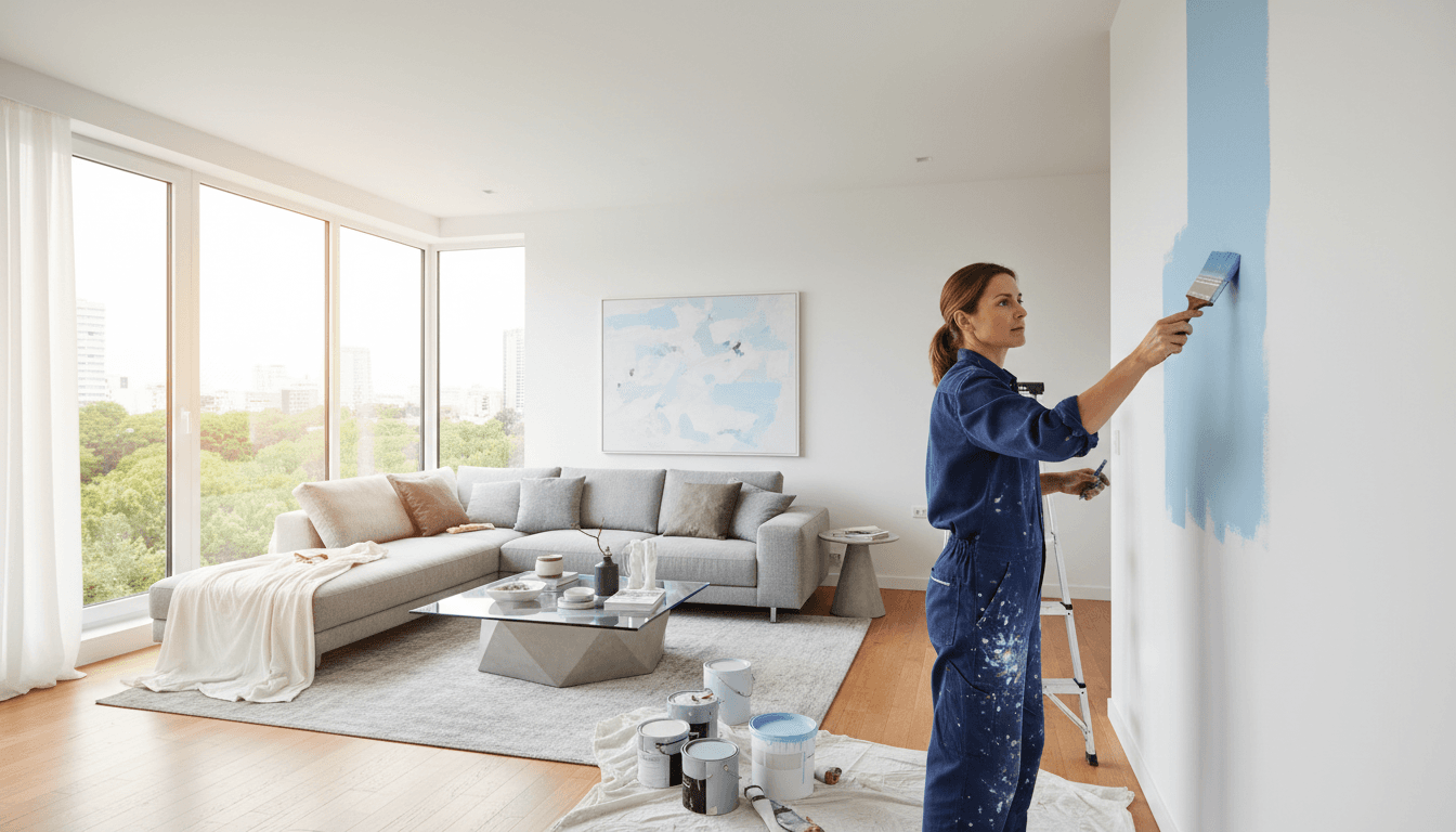 Painter with a brush in a bright living room with freshly painted walls