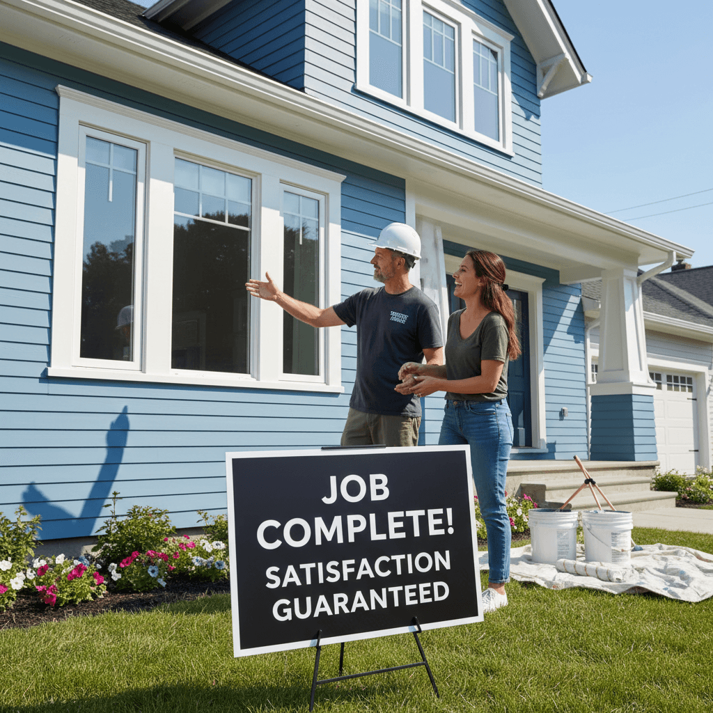 Contractor walking with a homeowner to inspect a finished paint job