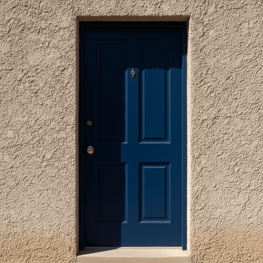 Navy blue front door against a stucco wall in bright sunlight