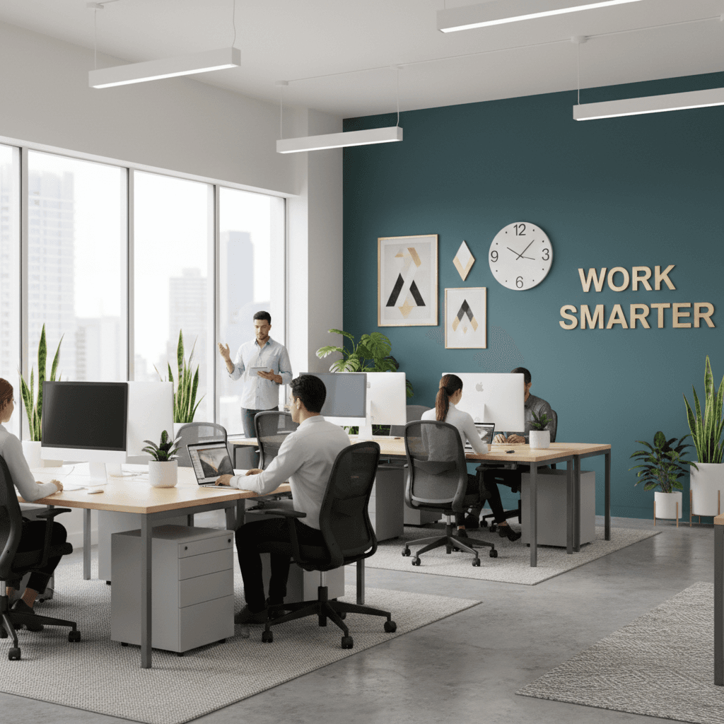 Modern professional interior workspace with freshly painted accent walls and employees working