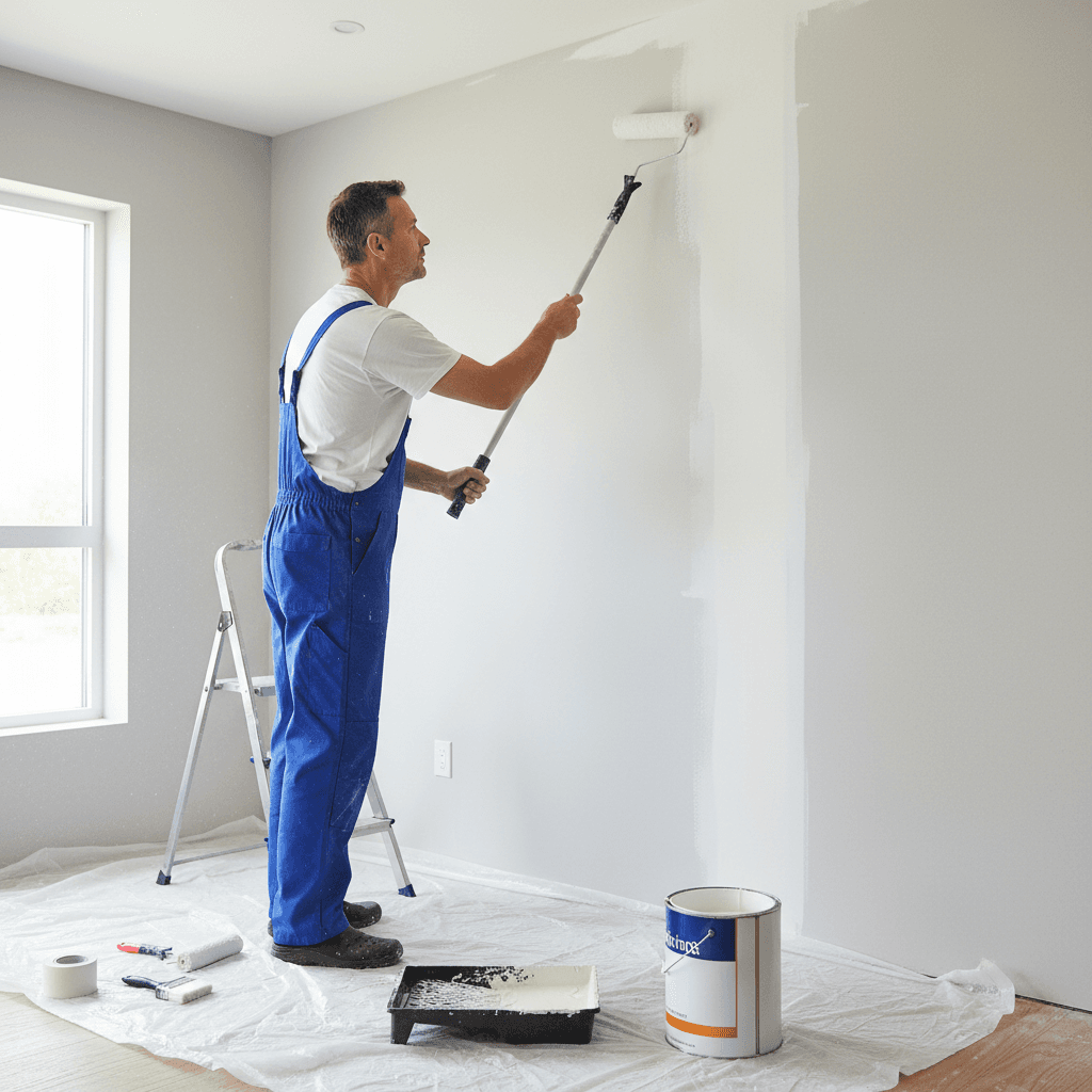 Close-up of a painter's roller applying a smooth coat of primer to a wall