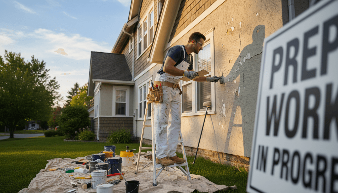 Painter in work clothes inspecting an exterior house wall before painting