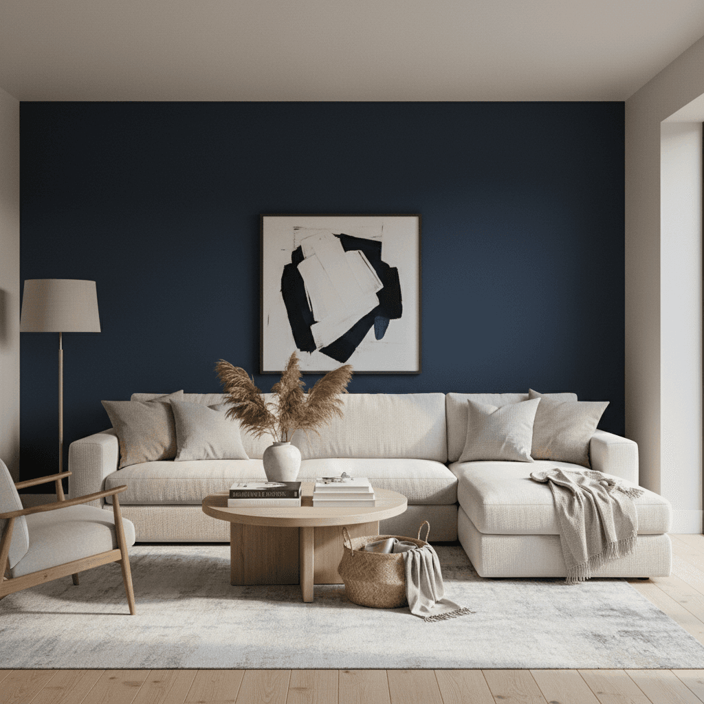 Living room featuring a dark navy blue accent wall