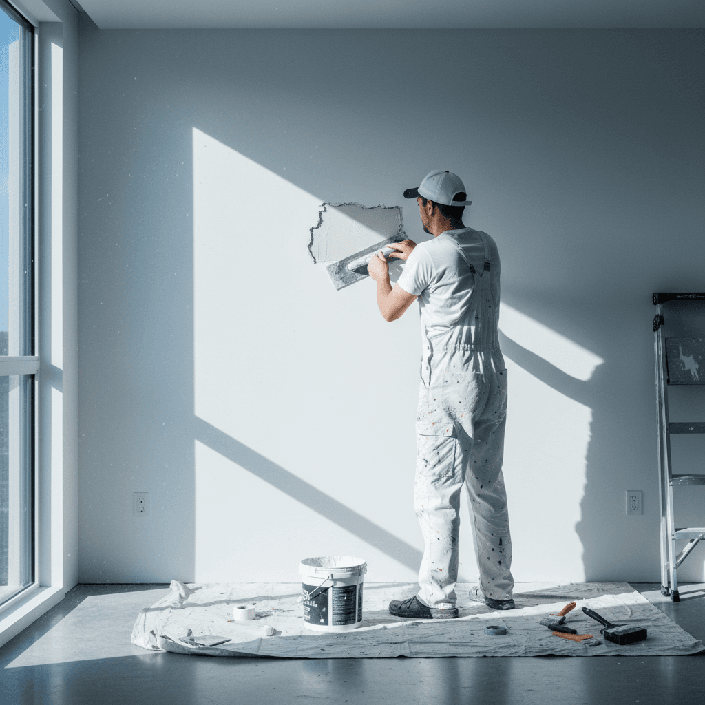 Painter applying spackle to a hole in an interior wall