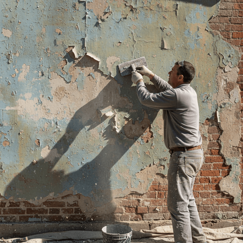 Worker scraping old flaking paint from an exterior wall