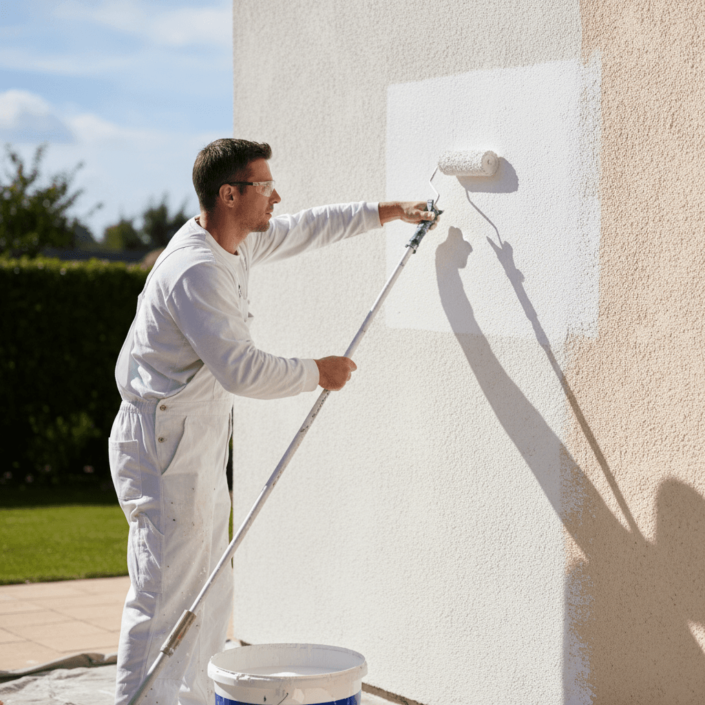 Painter applying exterior paint on a sunlit stucco wall