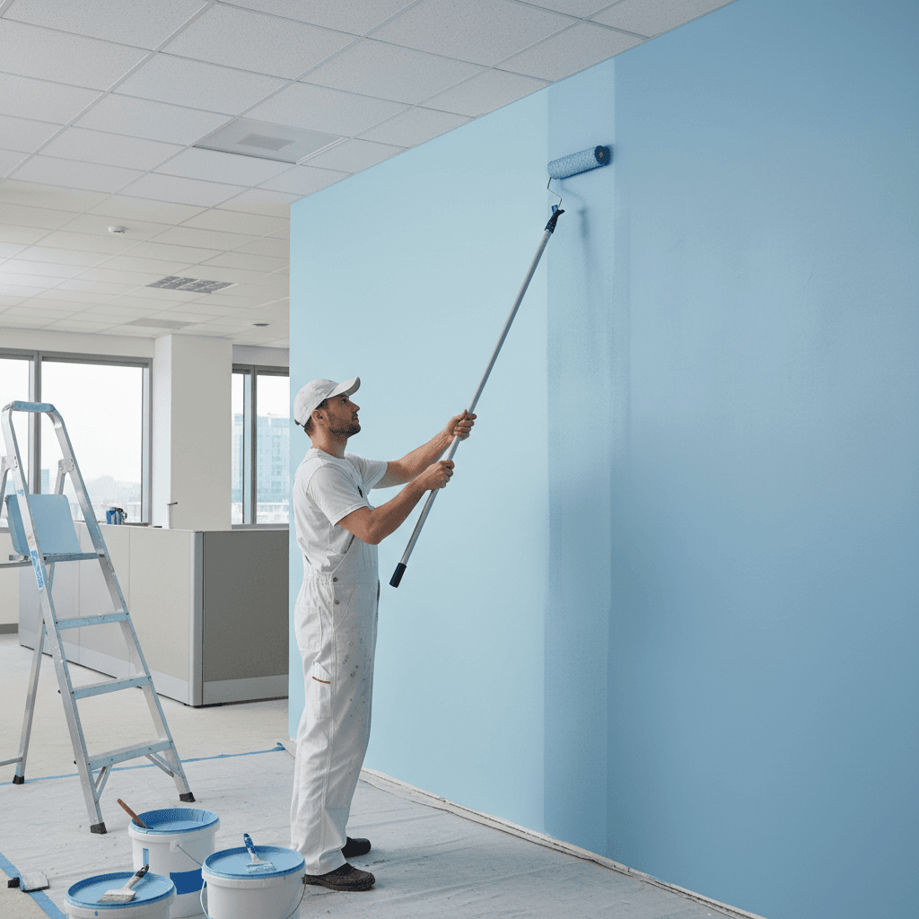 Painter using a roller to apply a full coat of paint on a commercial office wall