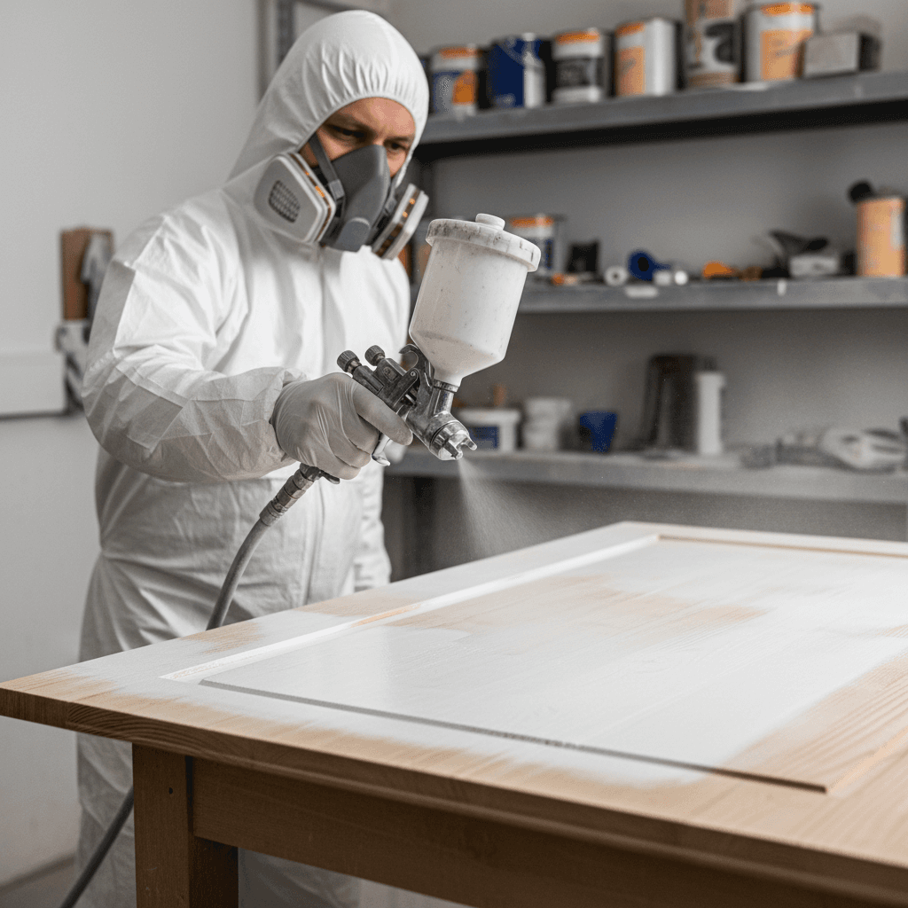 Painter using spray gun to apply primer on wood surface