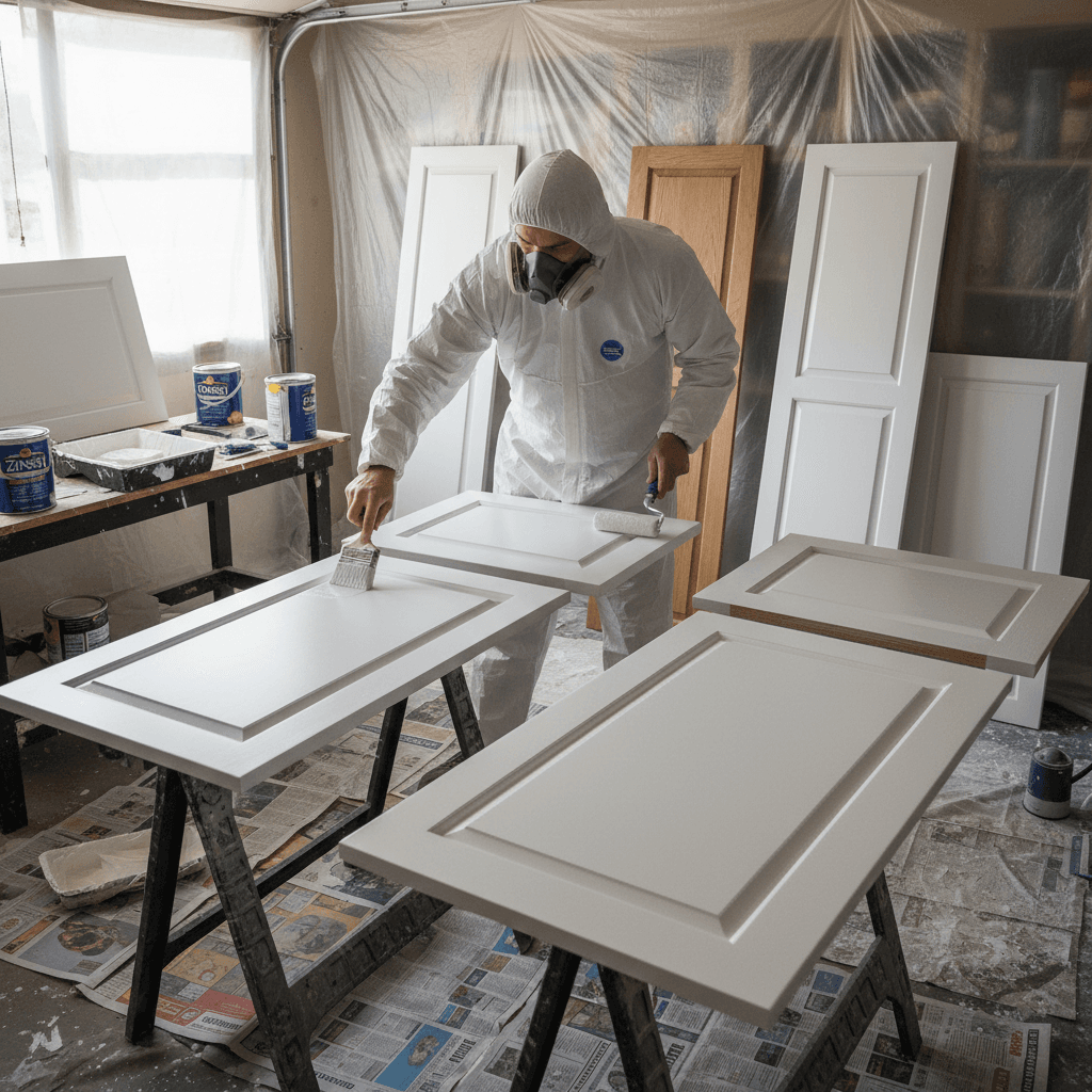 Painter rolling primer onto a cabinet door