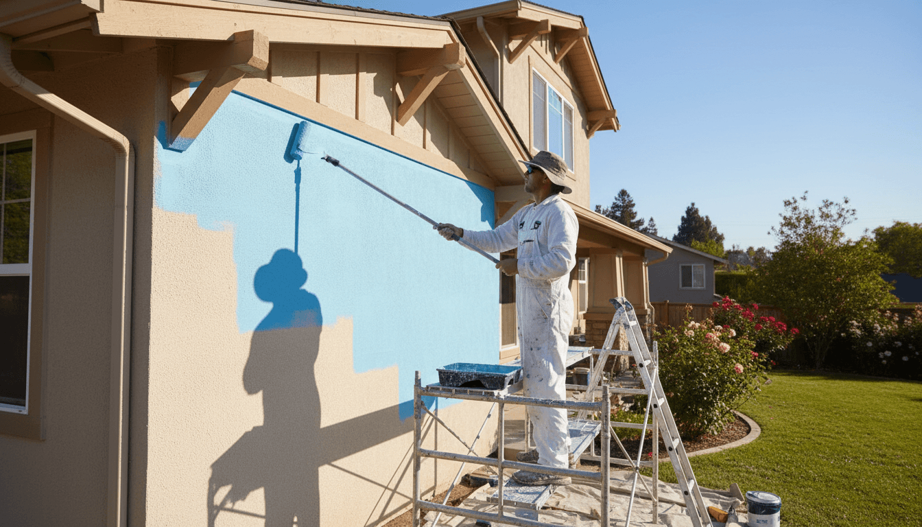 Painter applying exterior house paint with a roller under bright sunlight