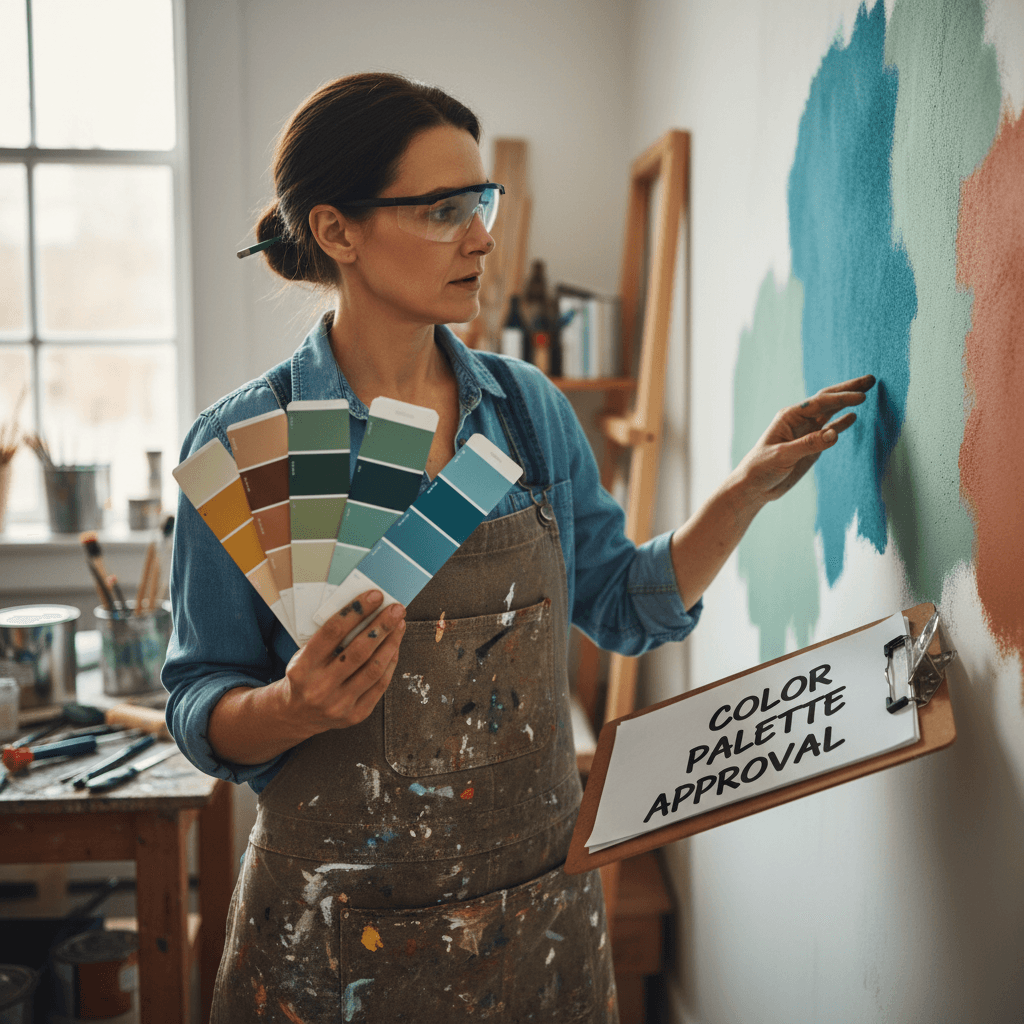 Experienced painter with a clipboard reviewing paint colors