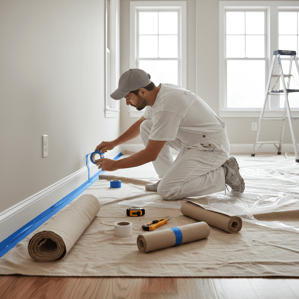 Painter taping trim and laying drop cloths to protect the room