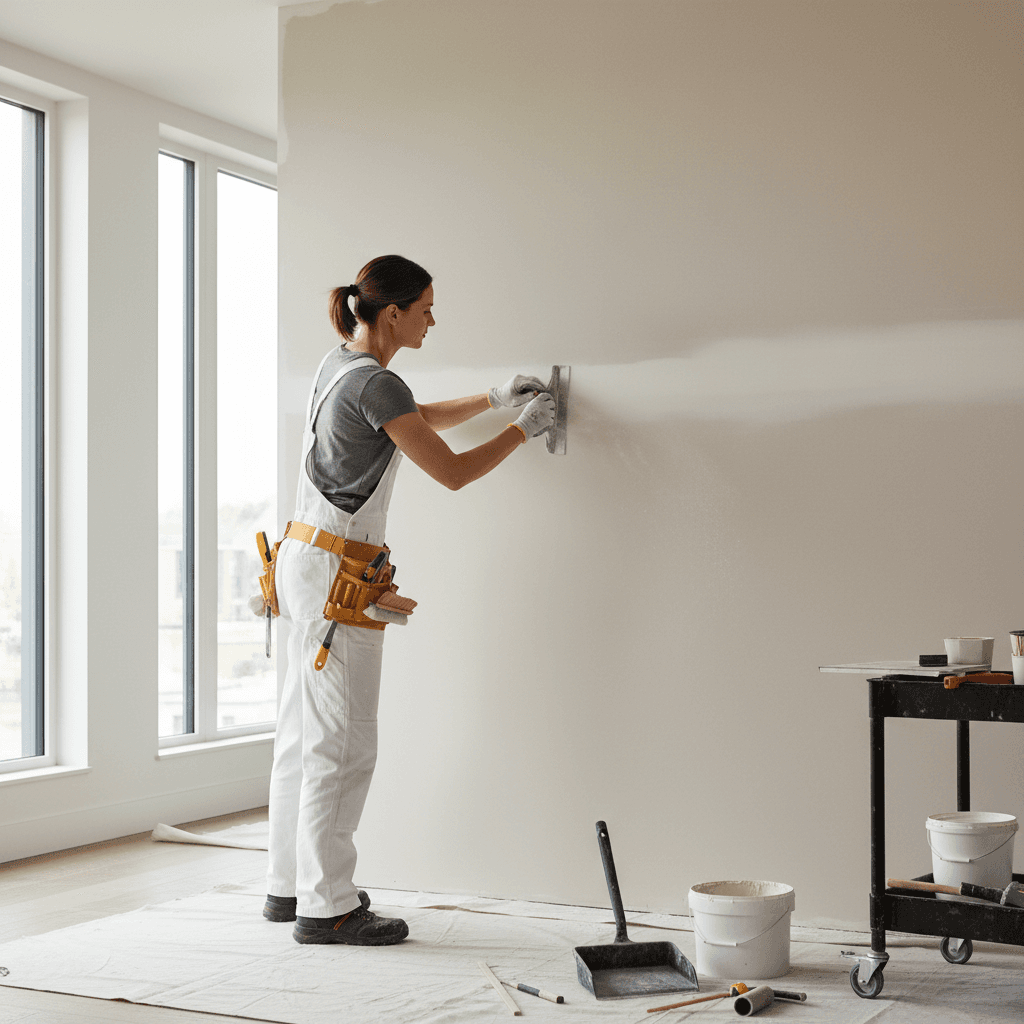Painter sanding a wall with a putty knife, preparing the surface in a bright, clean interior.