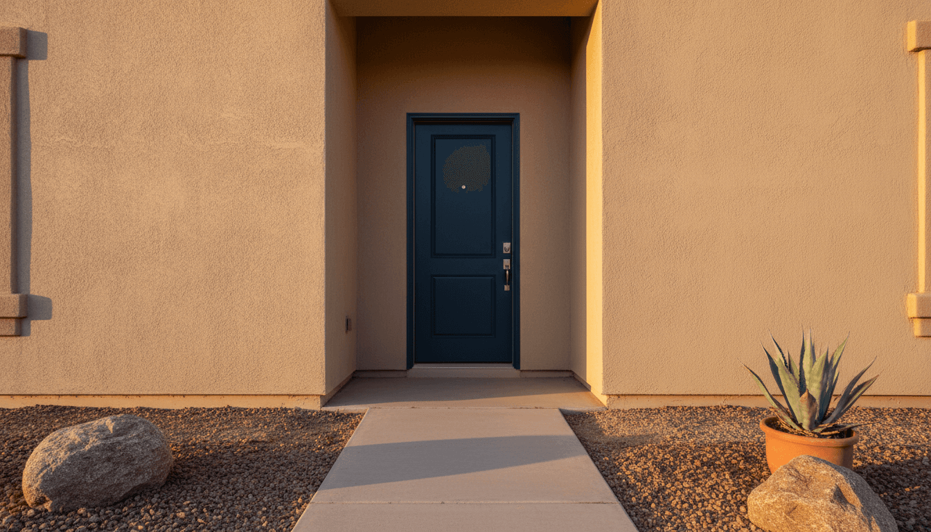 Professional painter applying a fresh coat of paint to an exterior front door of a stucco house in an Arizona desert neighborhood