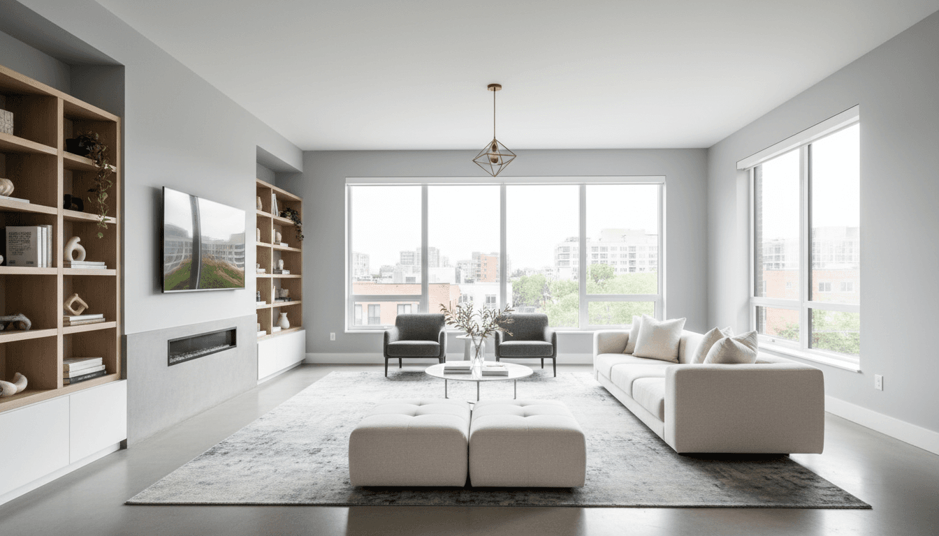 Freshly painted modern living room with clean walls and trim