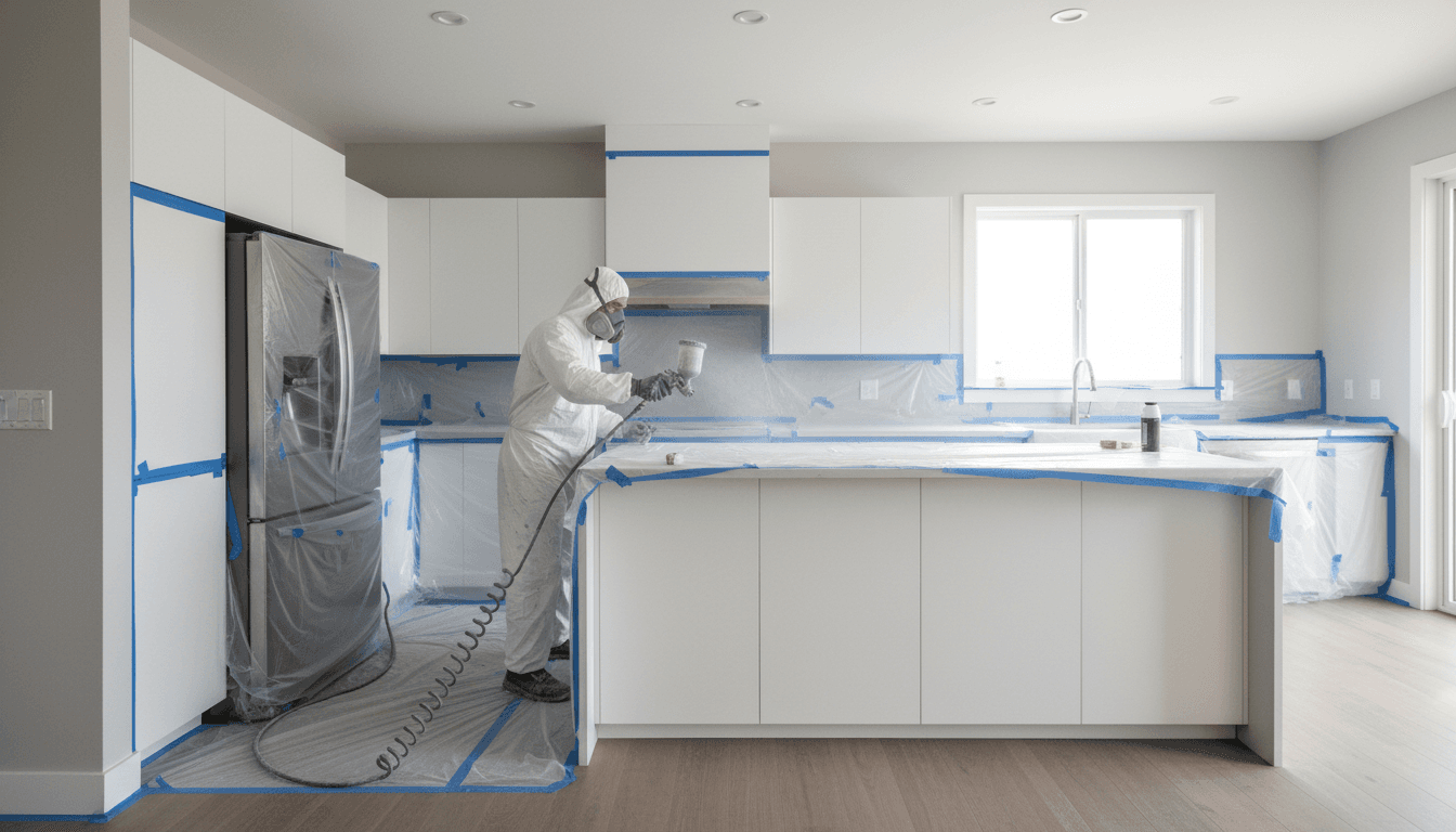 Professional painter applying a smooth finish to kitchen cabinets