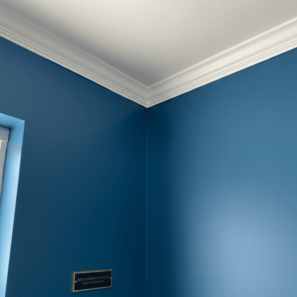 Close up of a freshly painted wall with a clean, crisp edge along the trim