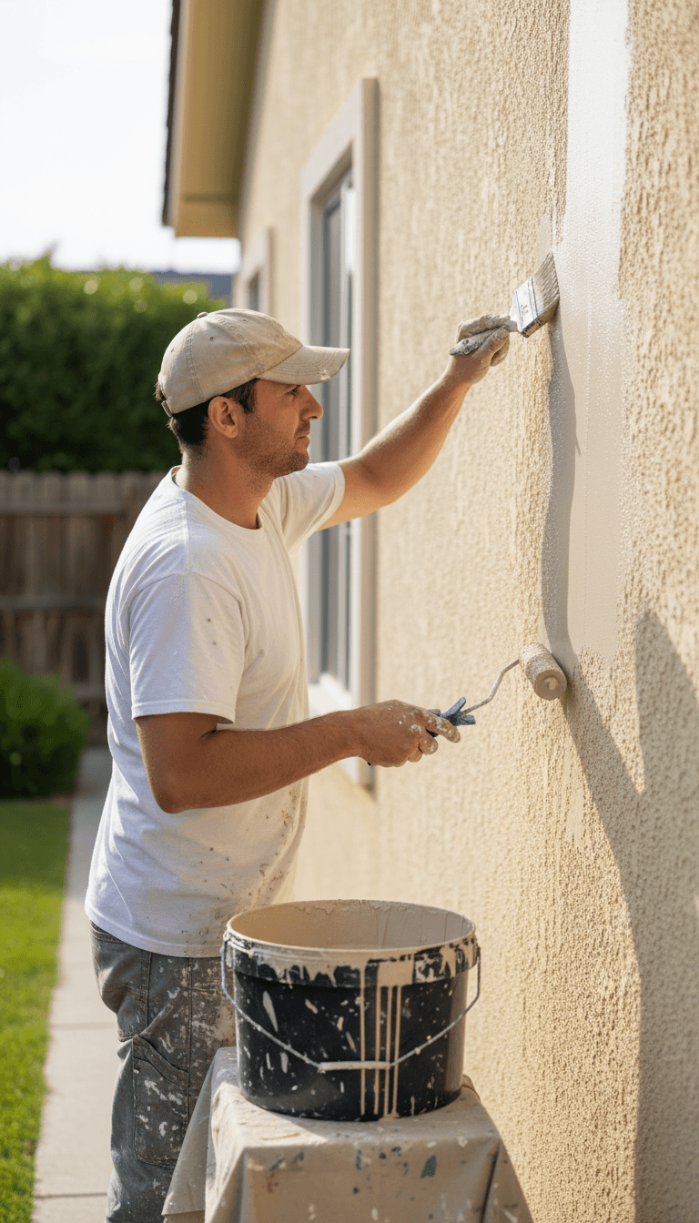 Professional painter applying durable exterior coating to a stucco wall with a roller