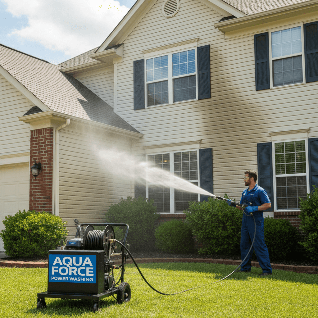 Heavy-duty pressure washer spraying water across a home's exterior siding