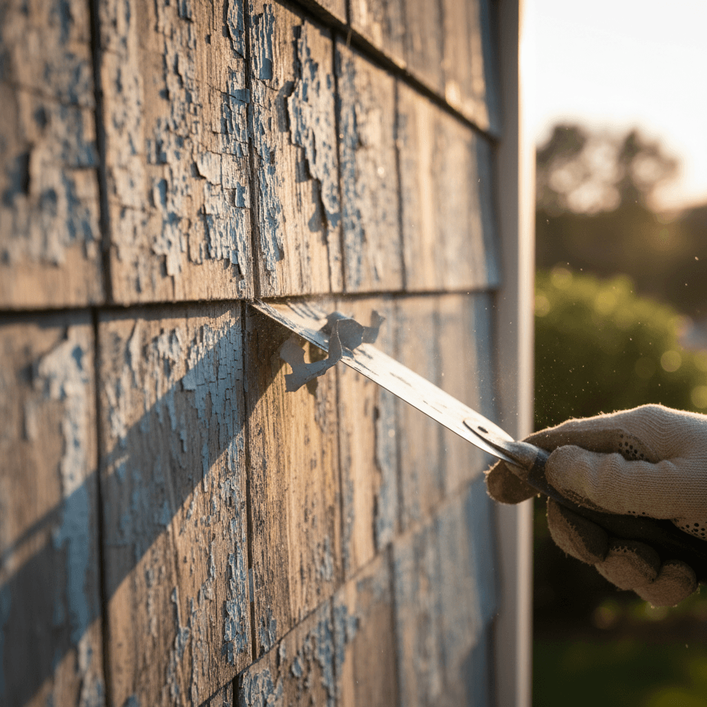 Painter's hands scraping loose paint from wood siding