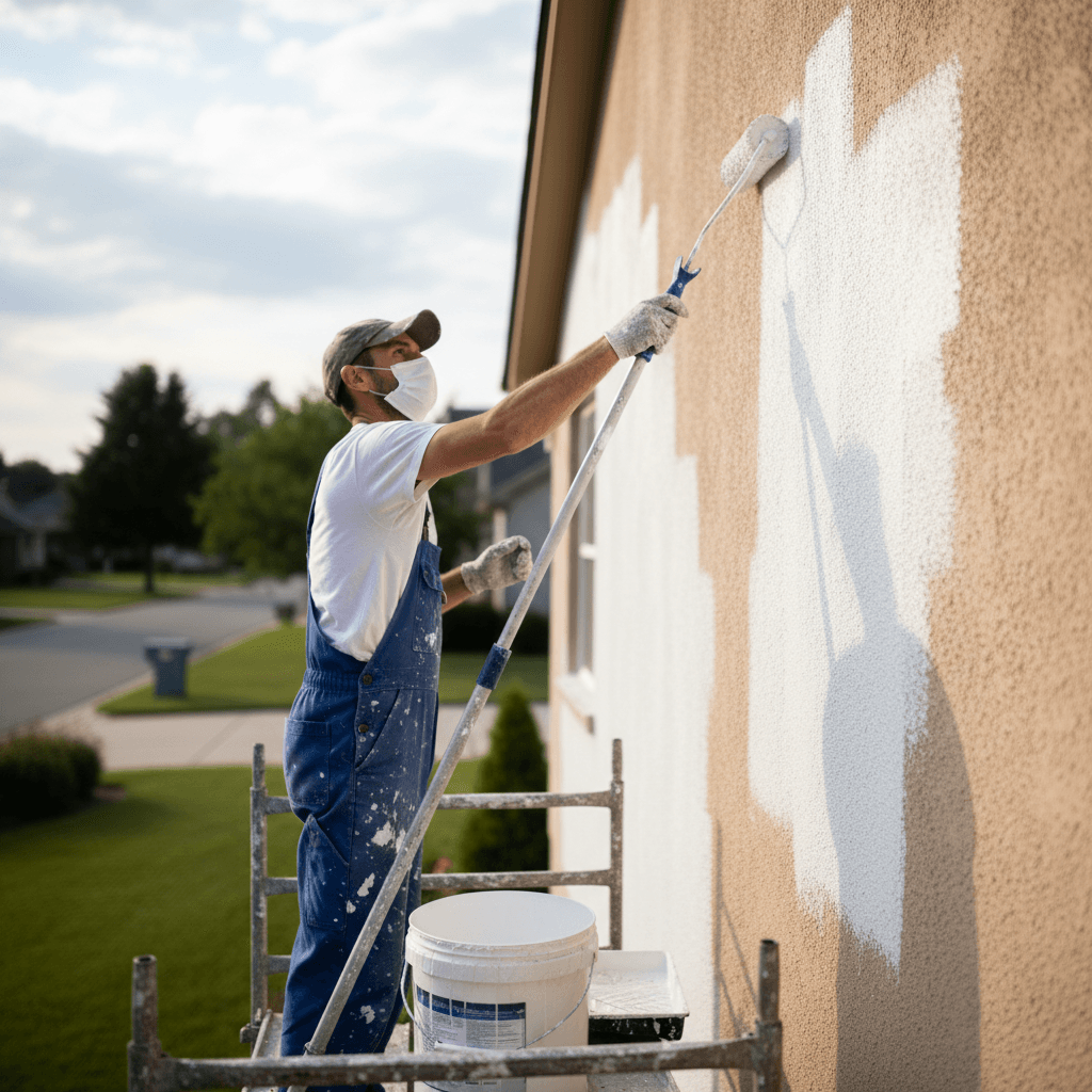 Painter rolling primer onto a bare exterior wall