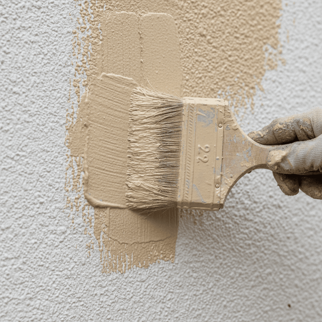 Painter applying fresh coating to textured stucco wall with smooth, even strokes