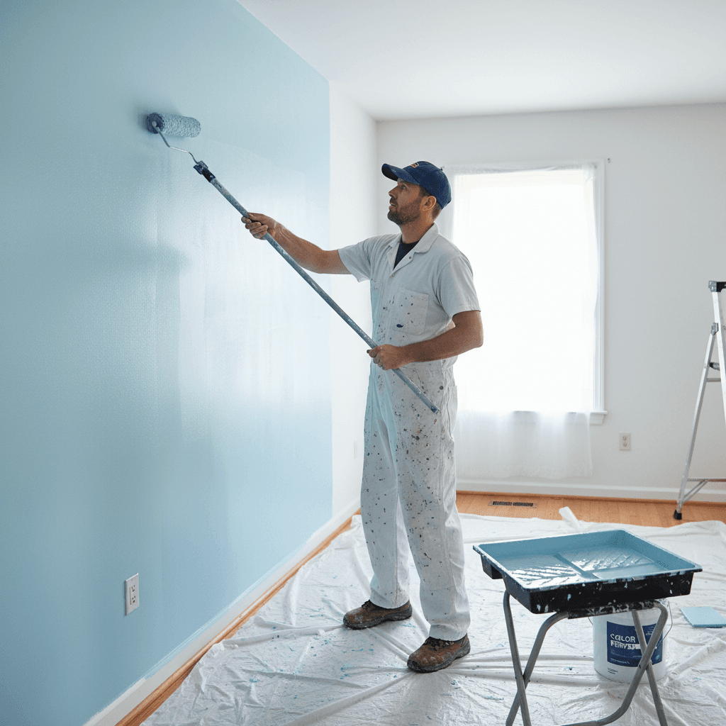 Painter rolling a second coat of paint onto an interior wall