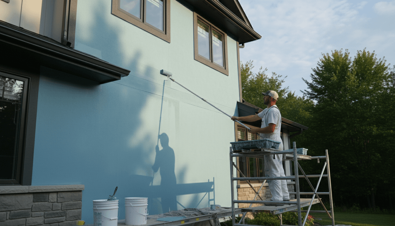 Professional painter applying paint to a residential exterior wall