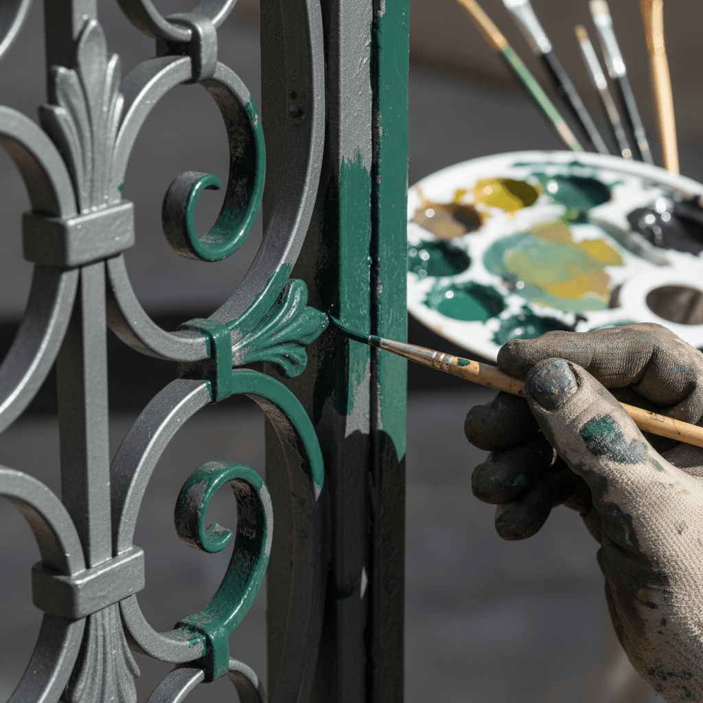 Painter applying paint to the edge of a metal entry gate