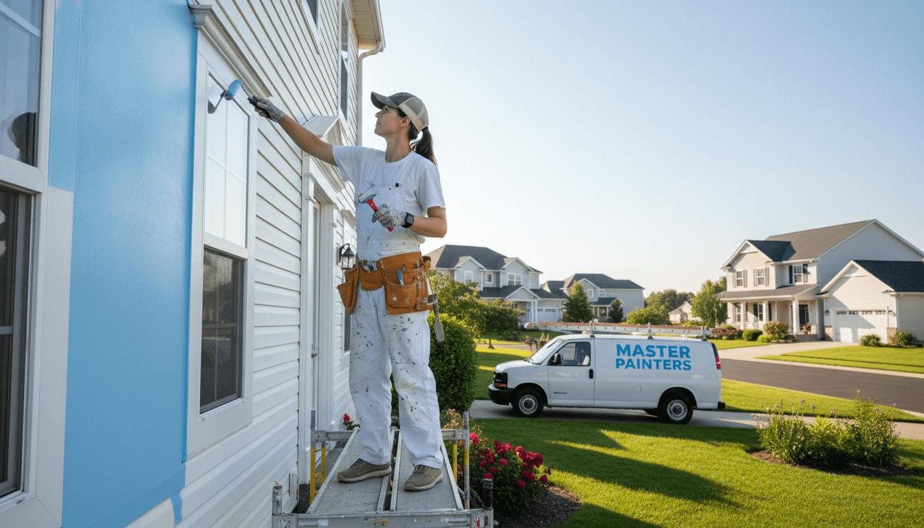 Professional painter applying paint to an exterior house wall with a brush, bright daylight, clean residential neighborhood