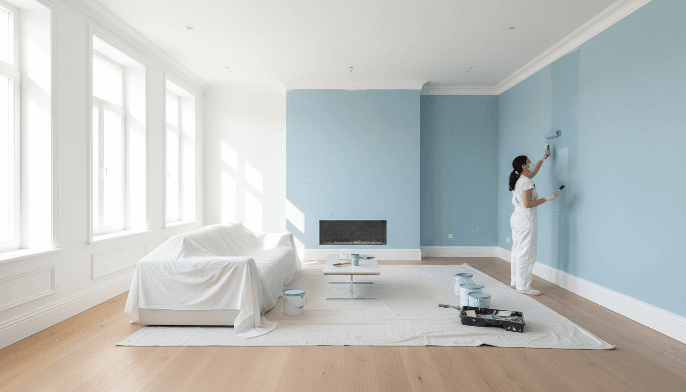 professional painter applying paint to interior wall with crisp lines in bright living room