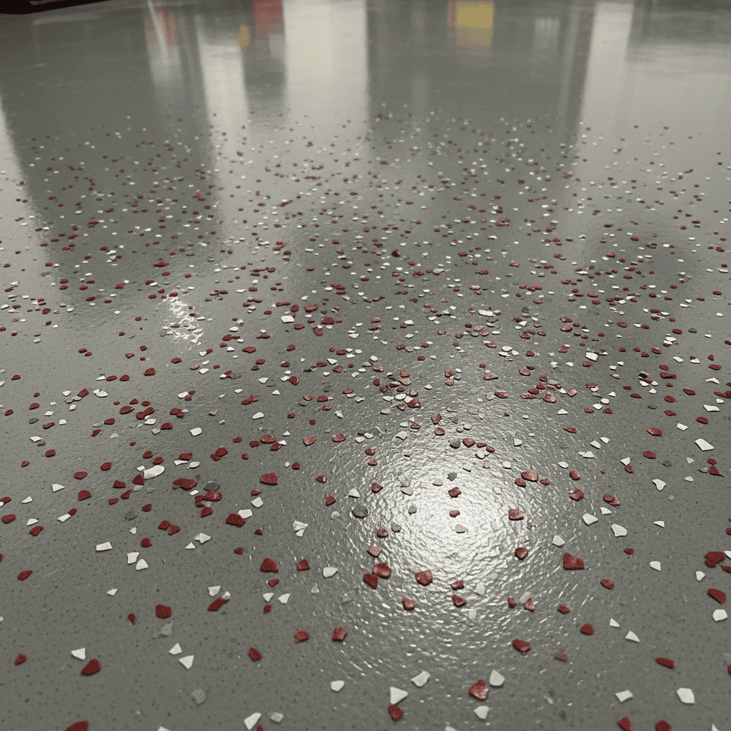 Red and gray colored chips scattered on wet epoxy garage floor