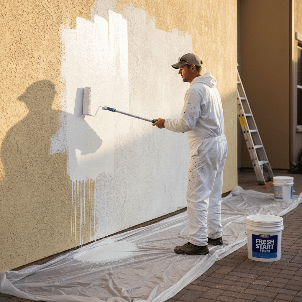 Painter rolling a coat of primer onto a home's exterior wall