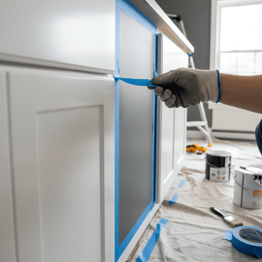 Painter removing masking tape from freshly painted kitchen cabinets