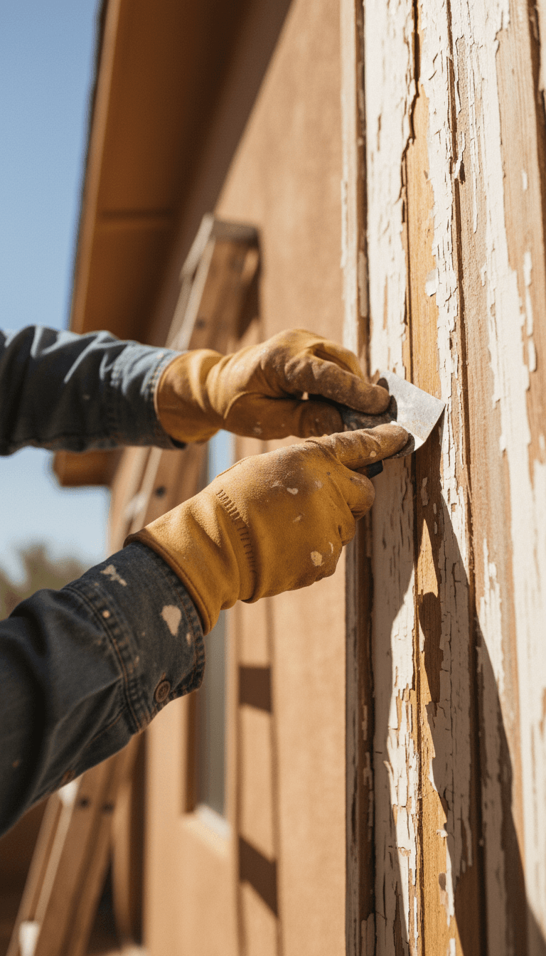 Painter scraping old paint off exterior siding during surface preparation