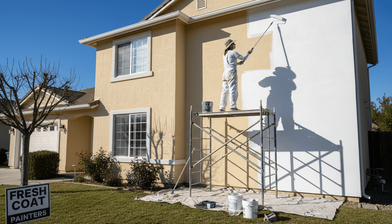 Professional painter in white t-shirt and cap rolling paint on a stucco wall of a house under a clear blue sky