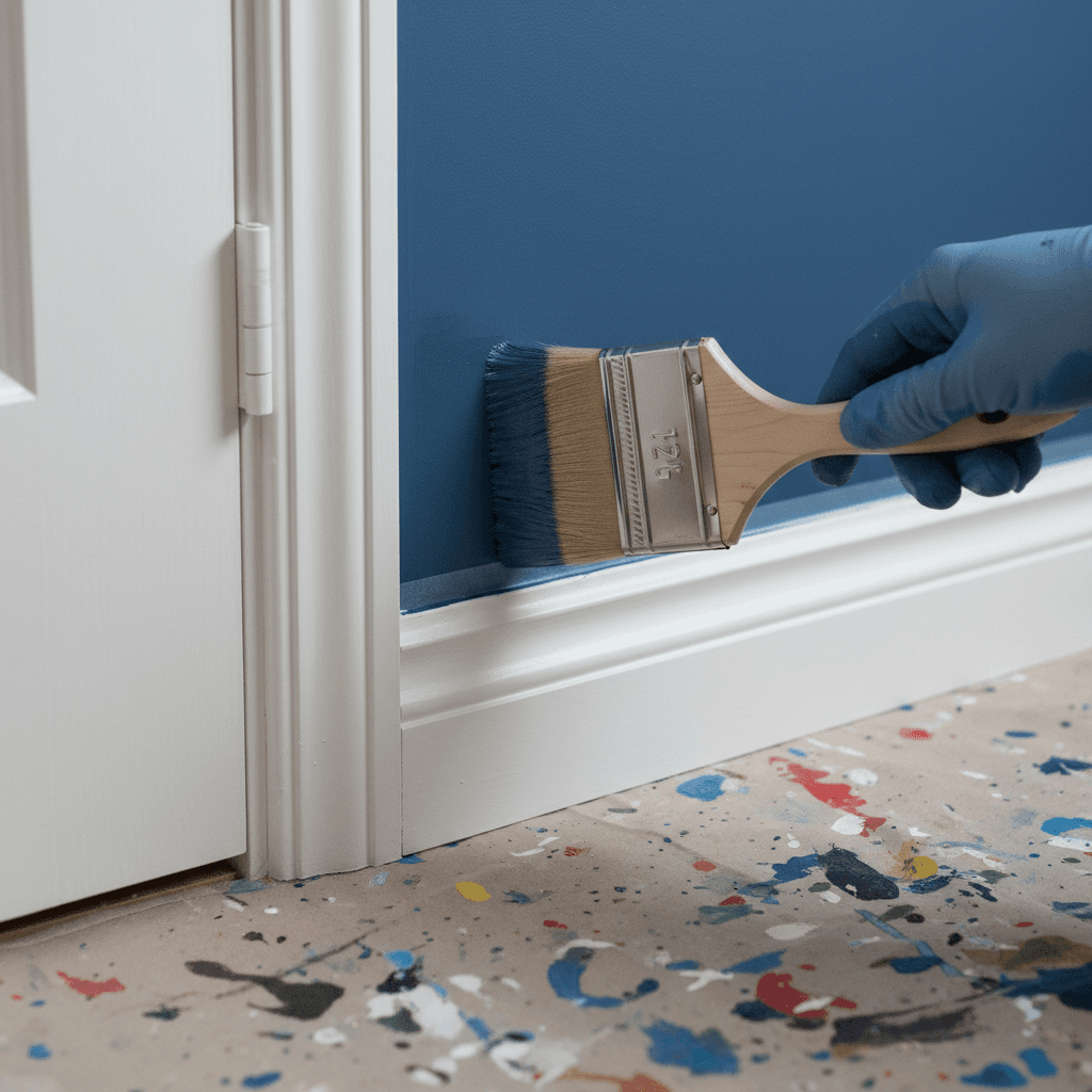 Painter cutting in a crisp paint line along a white baseboard and door trim
