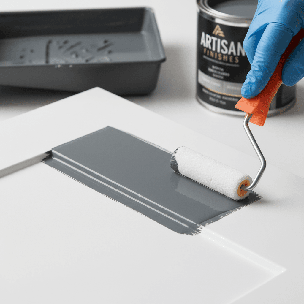 Hand painting a cabinet door with a smooth roller