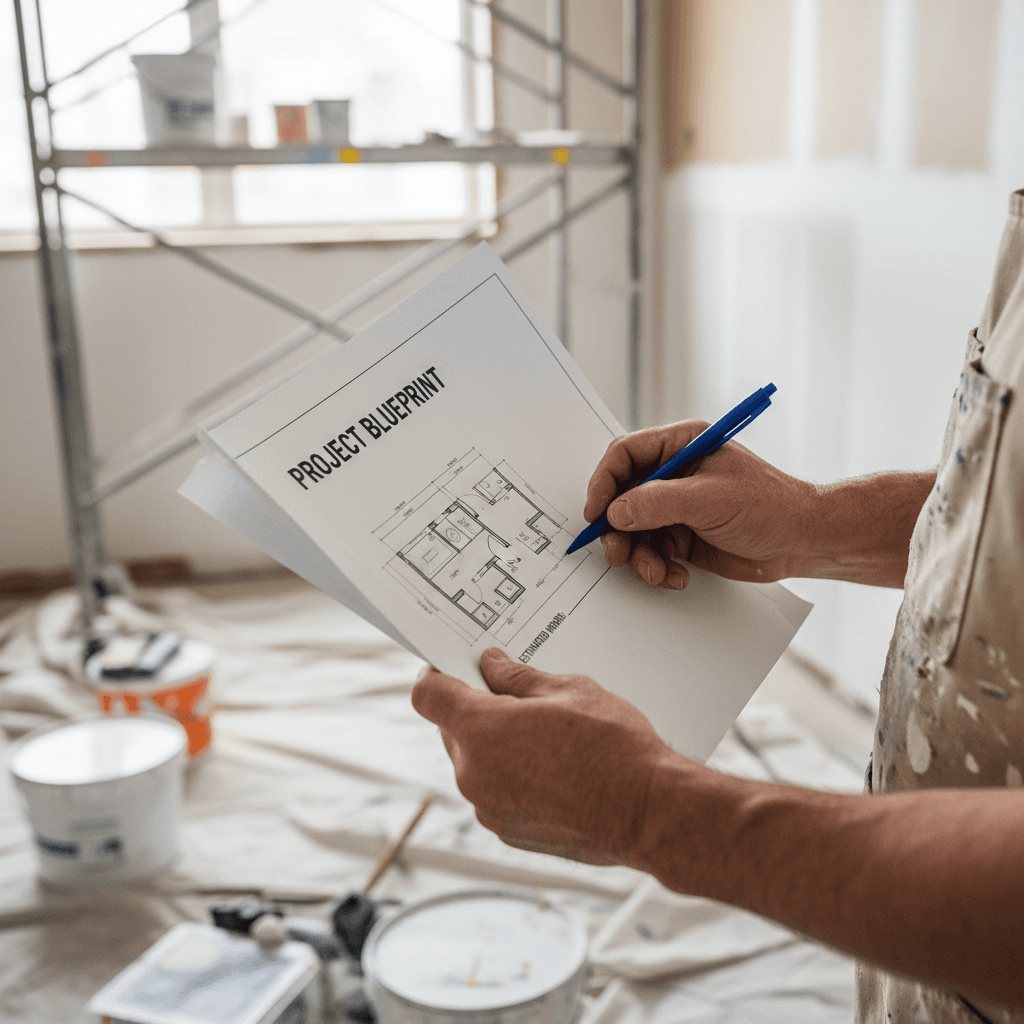 Close-up of hands holding paperwork at a painting job site