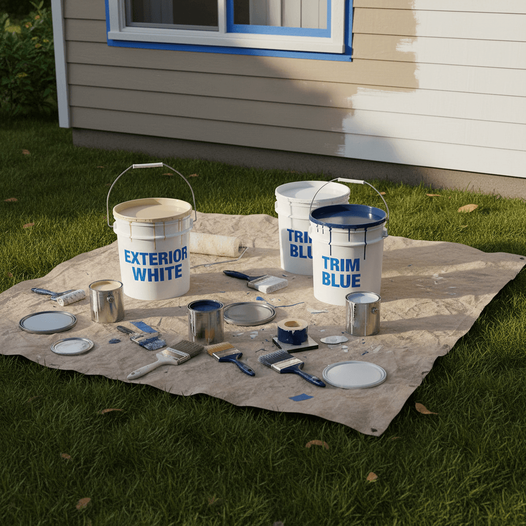 Sherwin-Williams paint cans and brushes on a drop cloth