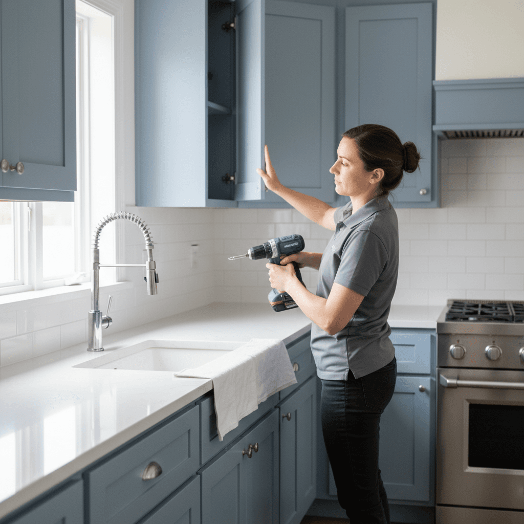 Professional installing a painted cabinet door back onto hinges